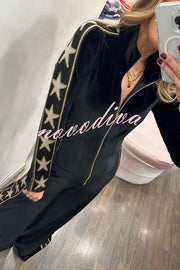 Star-print Velvet Patchwork Zipped Wide-leg Jumpsuit