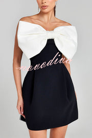 Eye-catching Satin Bow Applique Diamond Strap Contrast Pocketed Mini Dress