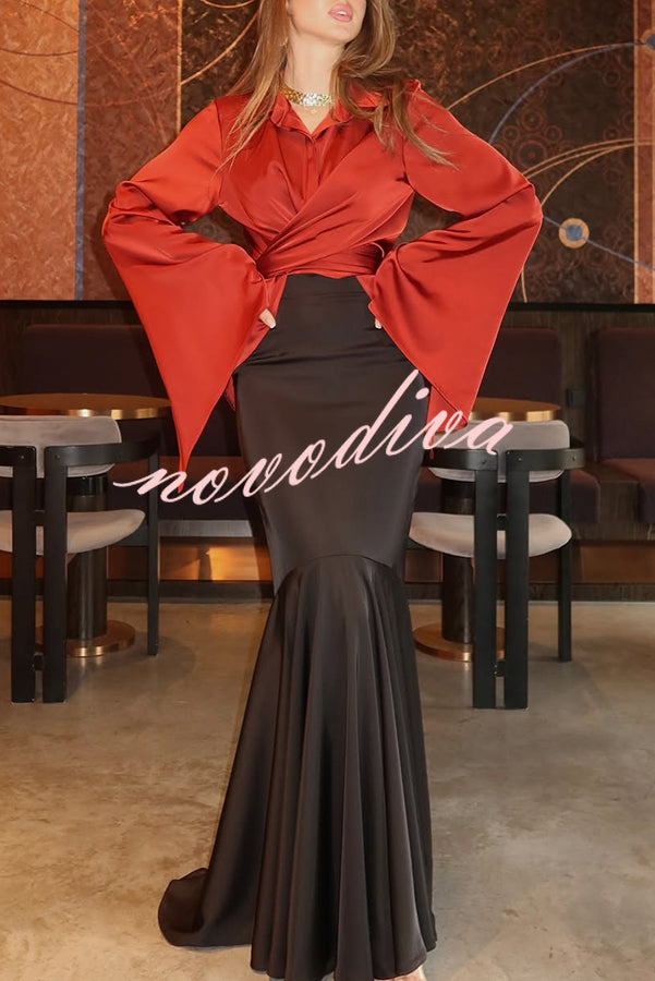 Jenny Satin High Rise Elastic Waist Flare Maxi Skirt