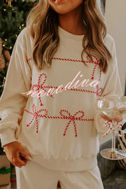 Candy Cane Cutie Loose Bow Tie Long-Sleeved Sweatshirt and Elastic Waist Pocket Pants Set