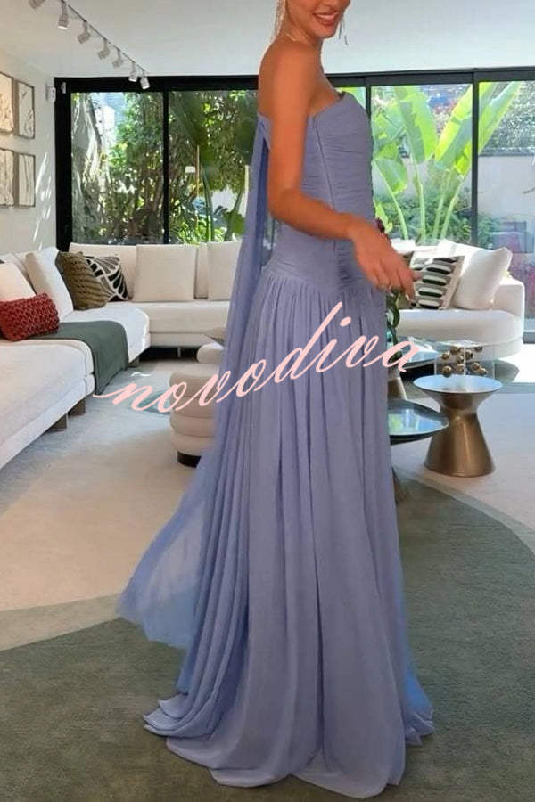 End of Light Chiffon One Shoulder Single-sleeve Shawl Ruched Maxi Dress