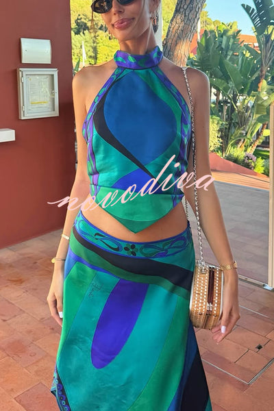 Gabbie Satin Unique Print Halter Scarf Tank and Asymmetrical Maxi Skirt Set