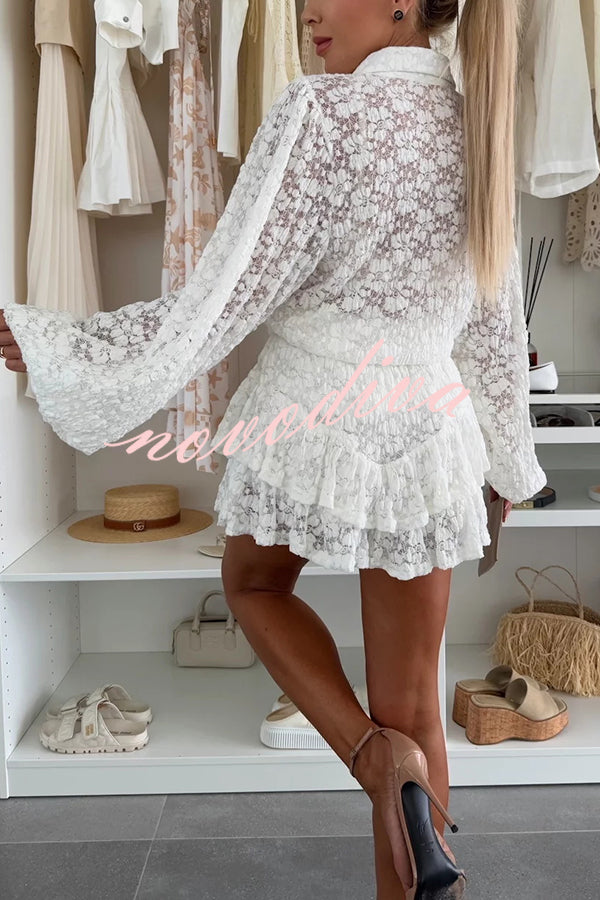 Nicola Lace Long Balloon Sleeve Blouse and Elastic Waist Layered Skort Set