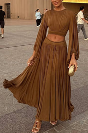 Dramatic Queen Gathered Batwing Sleeve Crop Top and Elastic Waist Slit Maxi Skirt Set