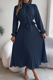 Elegant Stand-collar Long-sleeve Waisted Tie-up Pleated Midi Dress