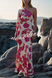 Rhia Satin Floral Print One Shoulder Flared Maxi Dress