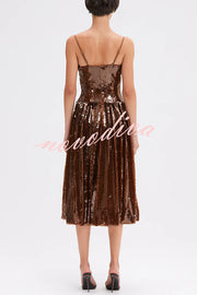 Enchanted Night Sequin Low-cut Corset Balloon Hem Slip Midi Dress