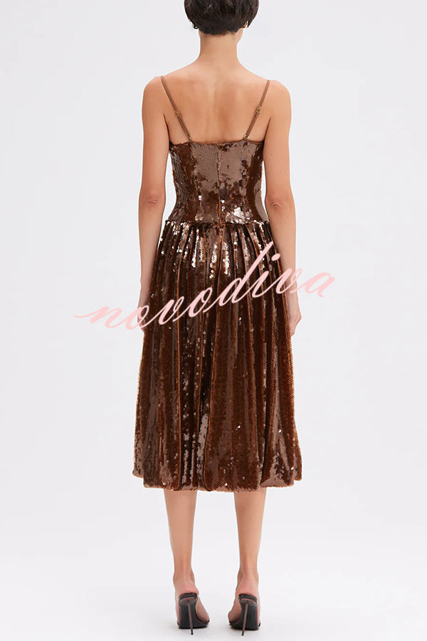 Enchanted Night Sequin Low-cut Corset Balloon Hem Slip Midi Dress