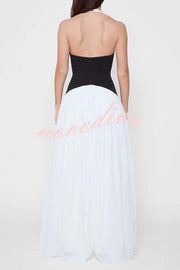 Fashionable Color Matching Sexy Halter Neck Waist Maxi Dress