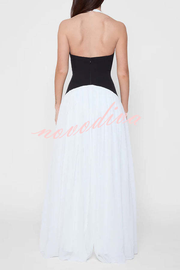 Fashionable Color Matching Sexy Halter Neck Waist Maxi Dress
