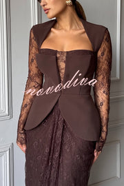 Belle Contrast Sheer Lace Fabric Patchwork Square Neck Long Sleeve Drape Maxi Dress