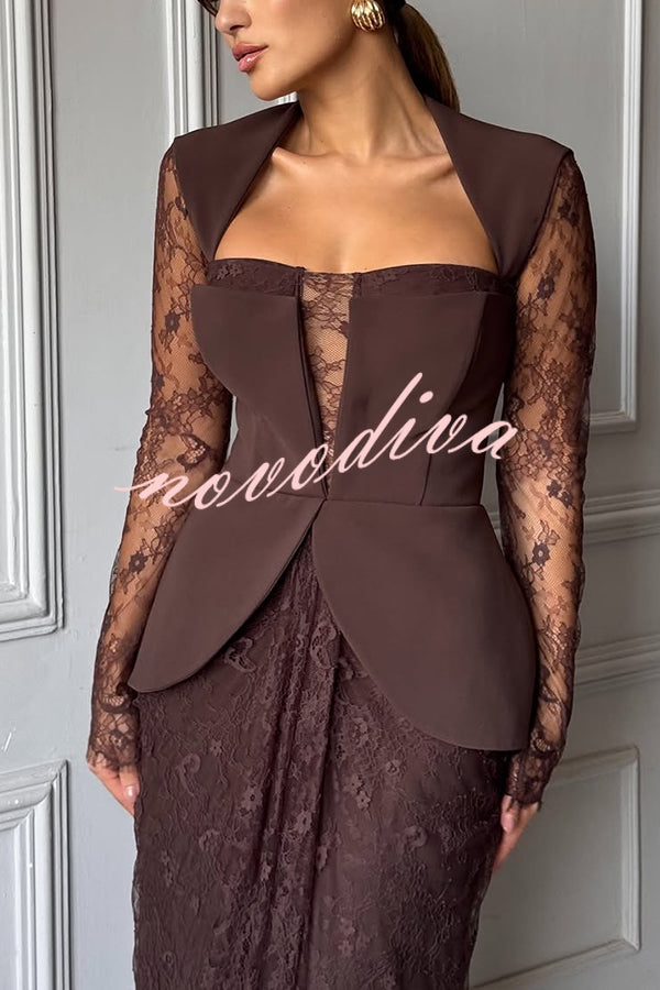 Belle Contrast Sheer Lace Fabric Patchwork Square Neck Long Sleeve Drape Maxi Dress