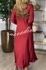 Solid Color V-neck Long-sleeved Loose Draped Maxi Dress