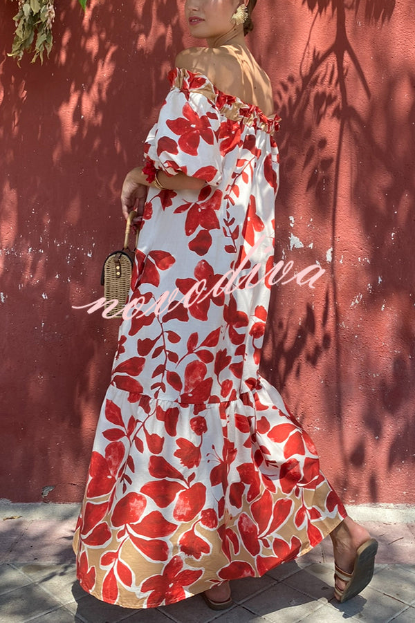 Floral Print Off-The-Shoulder Puff Sleeve Loose Holiday Maxi Dress