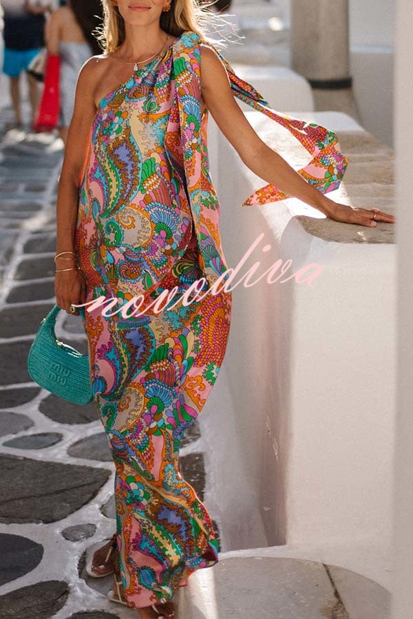 Rainbow Breeze Satin Unique Print Bow One Shoulder Loose Maxi Dress