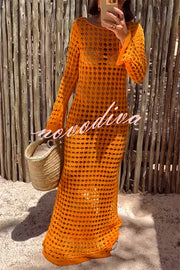 Sunny Beachside Crochet Knit Hollow Out Long Sleeve Cover-up Maxi Dress