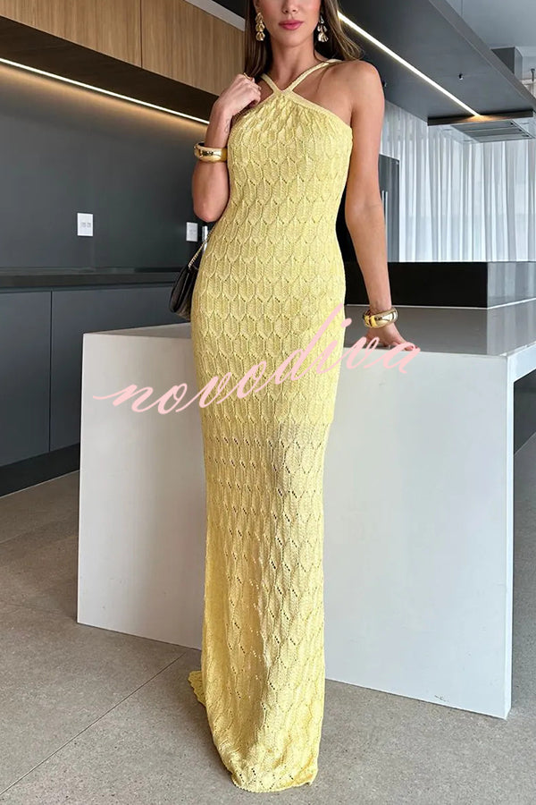 Solid Color Knitted Open Back Slim Slit Maxi Dress