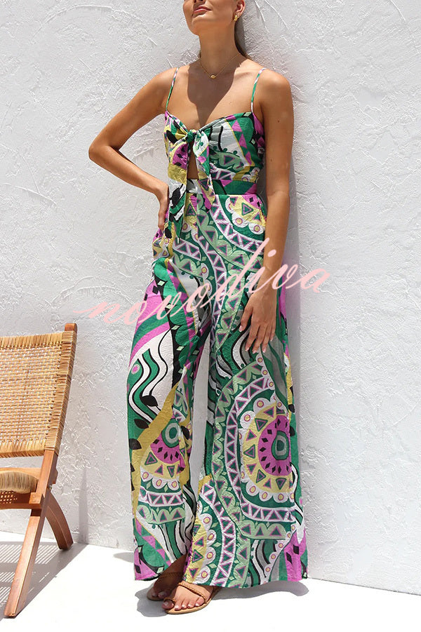 Unique Printed Suspender Back Pleated Pocket Wide-leg Jumpsuit