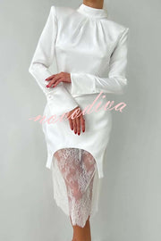 Melissa Satin High Neck Long Sleeve Curved Hem Top and Lace Midi Skirt Set