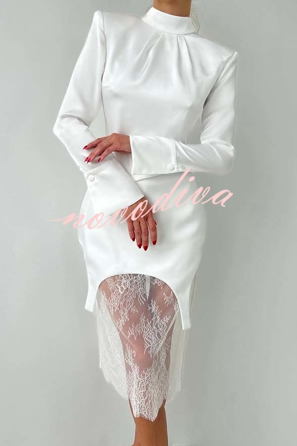 Melissa Satin High Neck Long Sleeve Curved Hem Top and Lace Midi Skirt Set