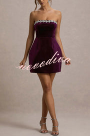 Effortlessly Elegant Velvet Jewel Embellished Trim Bandeau Mini Dress