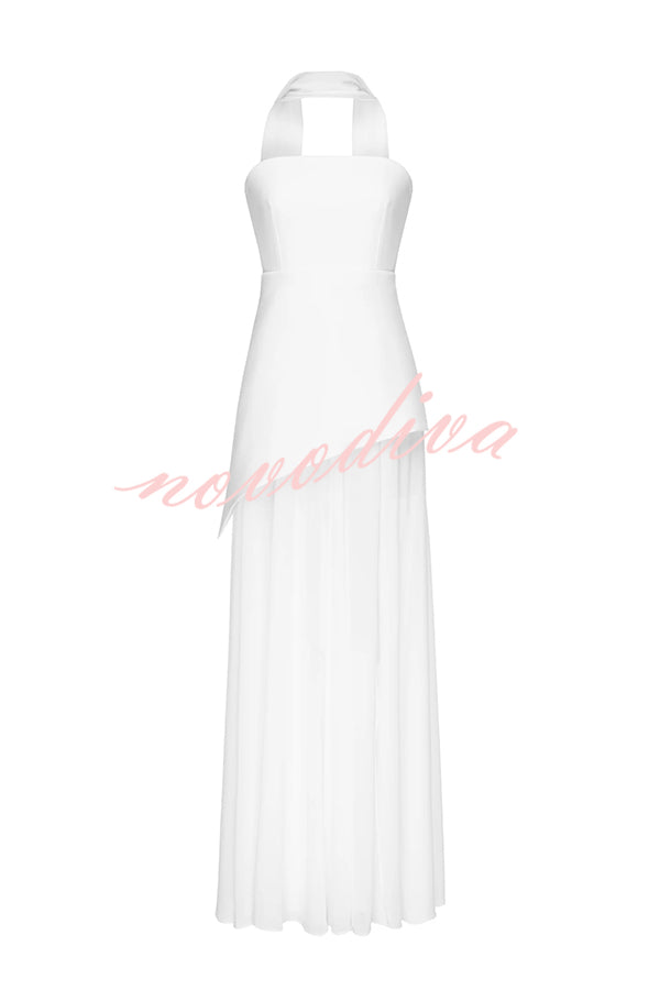 Monaco Off Shoulder Structured Top Chiffon Slit Hem Scarf Maxi Dress