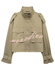 Classic Charm Strap Details Pocketed Cargo Style Zipper Loose Jacket