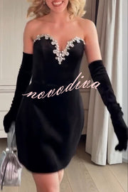 Ines Luxurious Velvet Jewel-encrusted Sweetheart Off Shoulder Neck Tulip Stretch Mini Dress