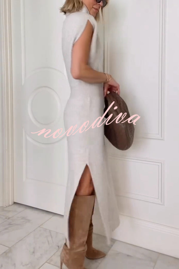 Solid Color Sleeveless Knitted Elegant Waist Midi Dress