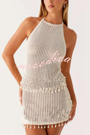 Fashion Knit Hollow Back Top and Embellished Fitted Stretch Beach Mini Skirt Set