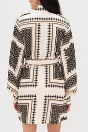Hildie Unique Print Epaulettes Long Sleeve Flap Pockets Tie-up Waist Shirt Mini Dress