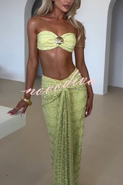 Fashion Metal Shell Embellished Sexy Bandeau and Elastic Tie Maxi Skirt Set