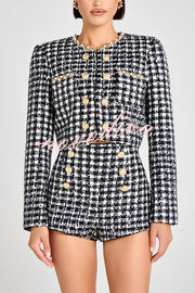 Remy Check Bouclé-tweed Fabric Pearl Trim Gold Button Long Sleeve Jacket
