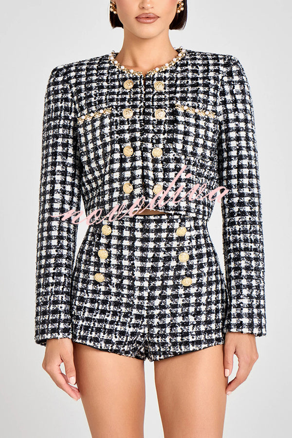 Remy Check Bouclé-tweed Fabric Pearl Trim Gold Button Long Sleeve Jacket