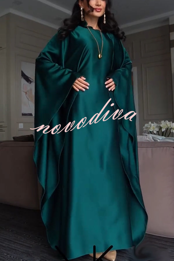 Dignified and Elegant Satin Batwing Sleeve with Waist Tie Design A-line Maxi Dress