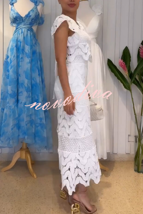 Elouise Wave Dot Embroidery Lace Back Tie-up Top and Elastic Waist Maxi Skirt Set