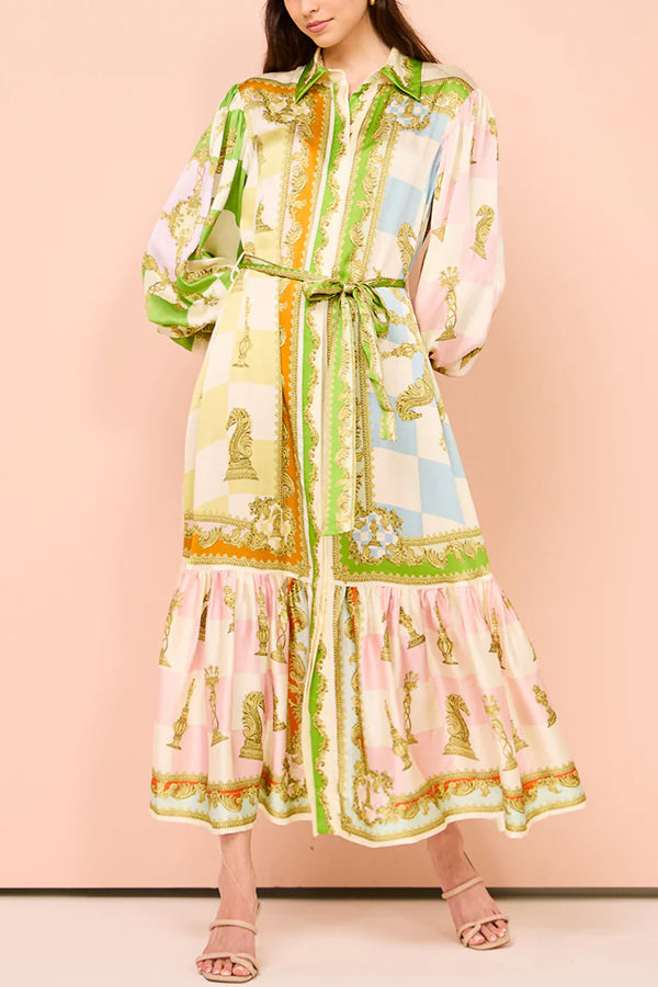 Garden Party Satin Unique Print Balloon Sleeve Belted Shirt Maxi Dress