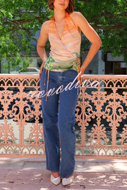 Fairy Tale Town Sunset Unique Print Halter Tie-up Top and Elastic Waist  Pocketed Pants Set