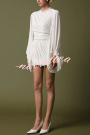 Solid Color Round Neck Lantern Long Sleeve Pleated Casual Mini Dress