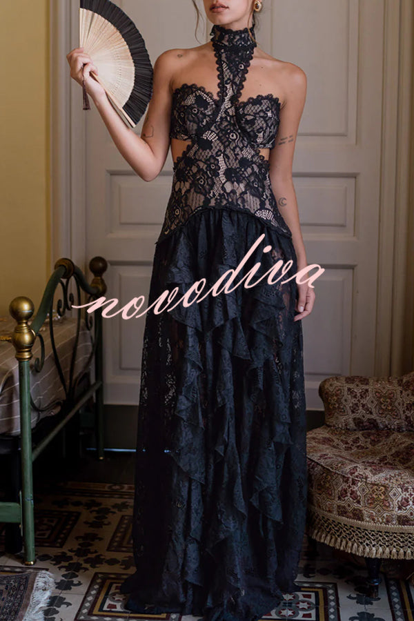 A Girls' Trip Lace High Neck Cutout Drop Waist Ruffles Maxi Dress