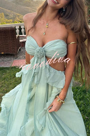 Gorgeous Vacation Halter Rose Detail Cut Out Ruffles Backless Maxi Dress