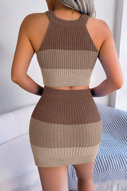 Fashionable Gradient Knitted Sleeveless Top and Elastic Slim Hip Skirt Set