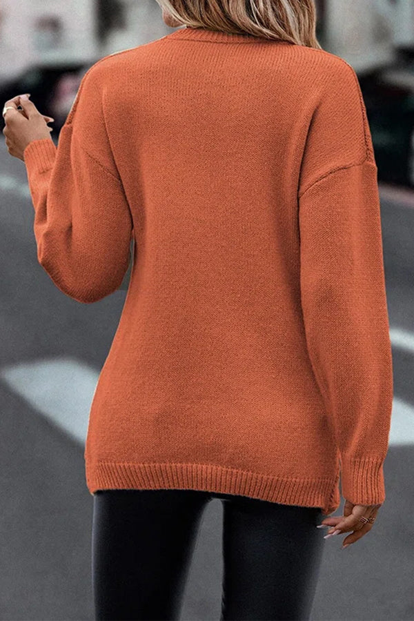 Solid Color V Neck Cross Jacquard Long Sleeved Sweater