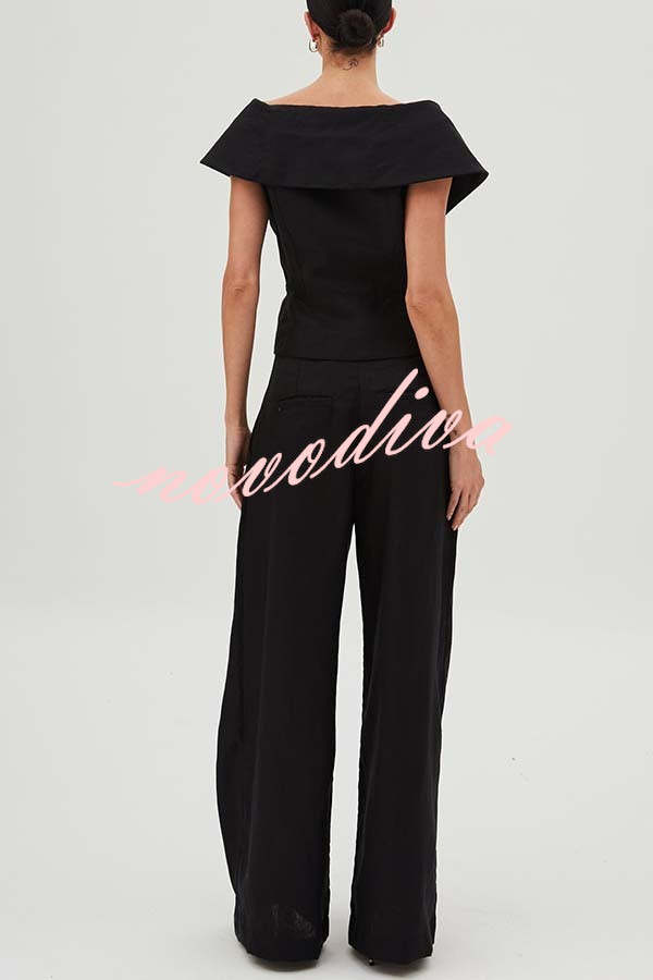 Velena Linen Blend Button Up Lapel Top and High Rise Pocket Wide Leg Pants Set