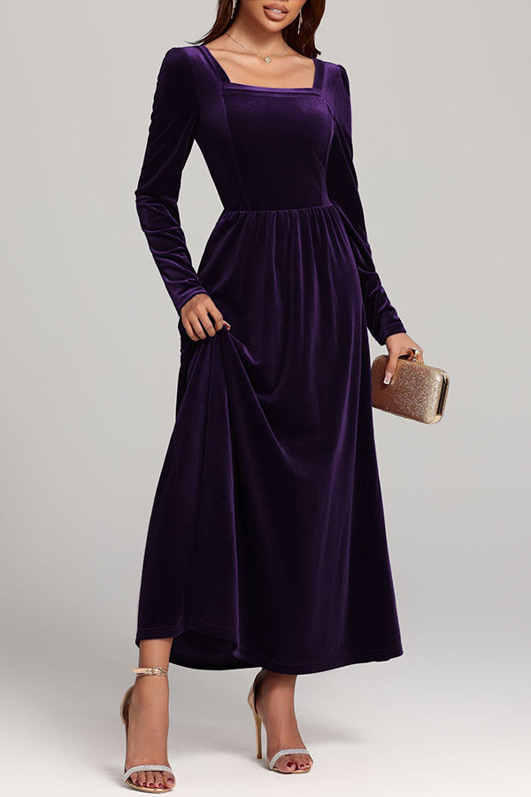 Solid Color Velvet Square Neck Long Sleeve Elegant Maxi Dress