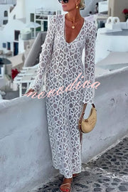 Santorini Sunset Floral Lace Long Sleeve Slit Vacation Maxi Dress