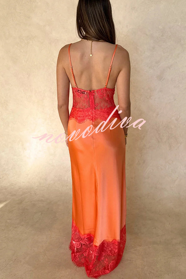 Elegant Evening Satin Lace Patchwork See-through Waist Slip Maxi Dress