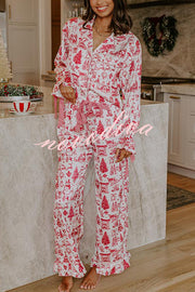 Christmas Night Satin Loose Shirt and Elastic Waist Pocketed Pajama Set