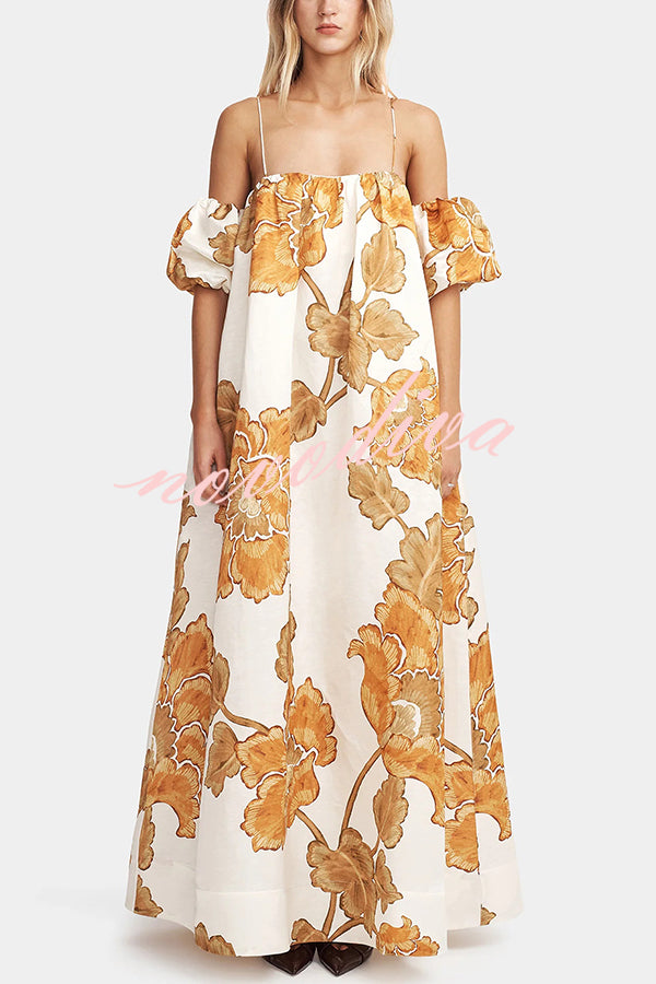 Floral Print Suspenders Puff Sleeves Loose Pocket Holiday Maxi Dress