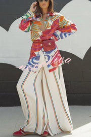 Ellah Satin Rainbow Stripe Print Drawstring Elastic Waist Pocket Wide Leg Pants